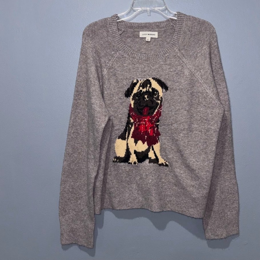 Lucky Brand Pug Dog Sweater Womens Large Gray Knit Pullover Scarf Graphic Preppy